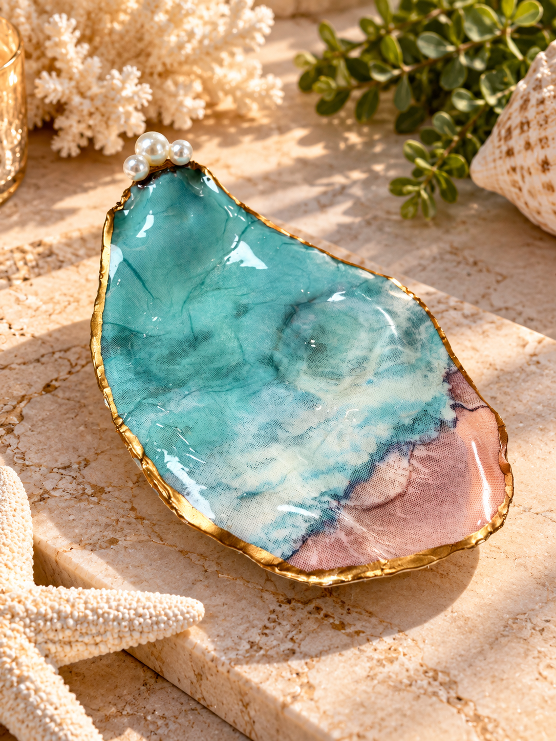 Decorative oyster shell with a coastal-inspired design