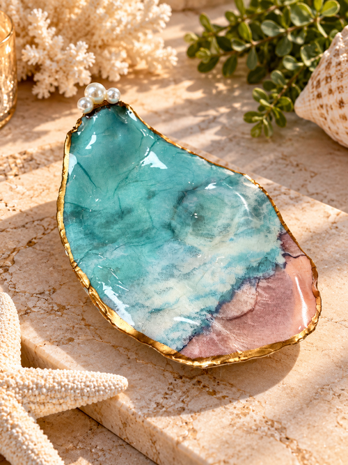 Decorative oyster shell with a coastal-inspired design