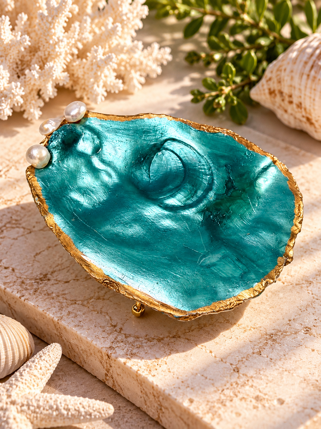 Turquoise decorative oyster shell with gold-toned edges and pearl-like accents