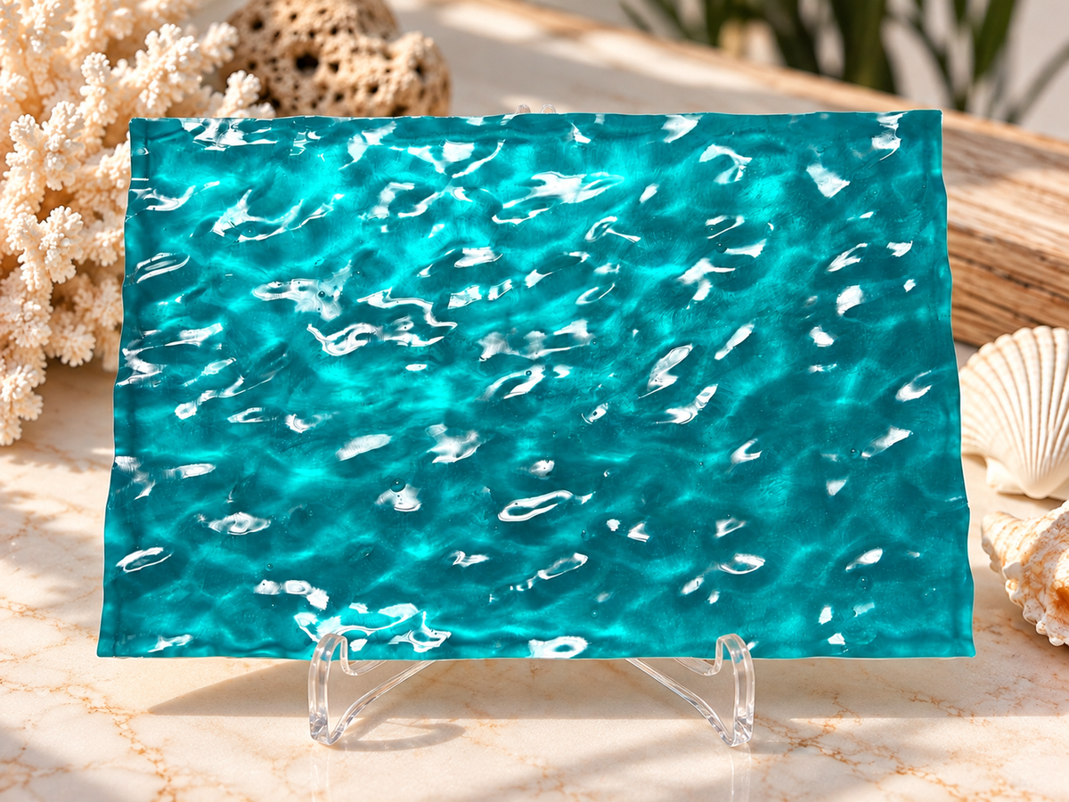 Turquoise rectangular resin decor with a water ripple effect