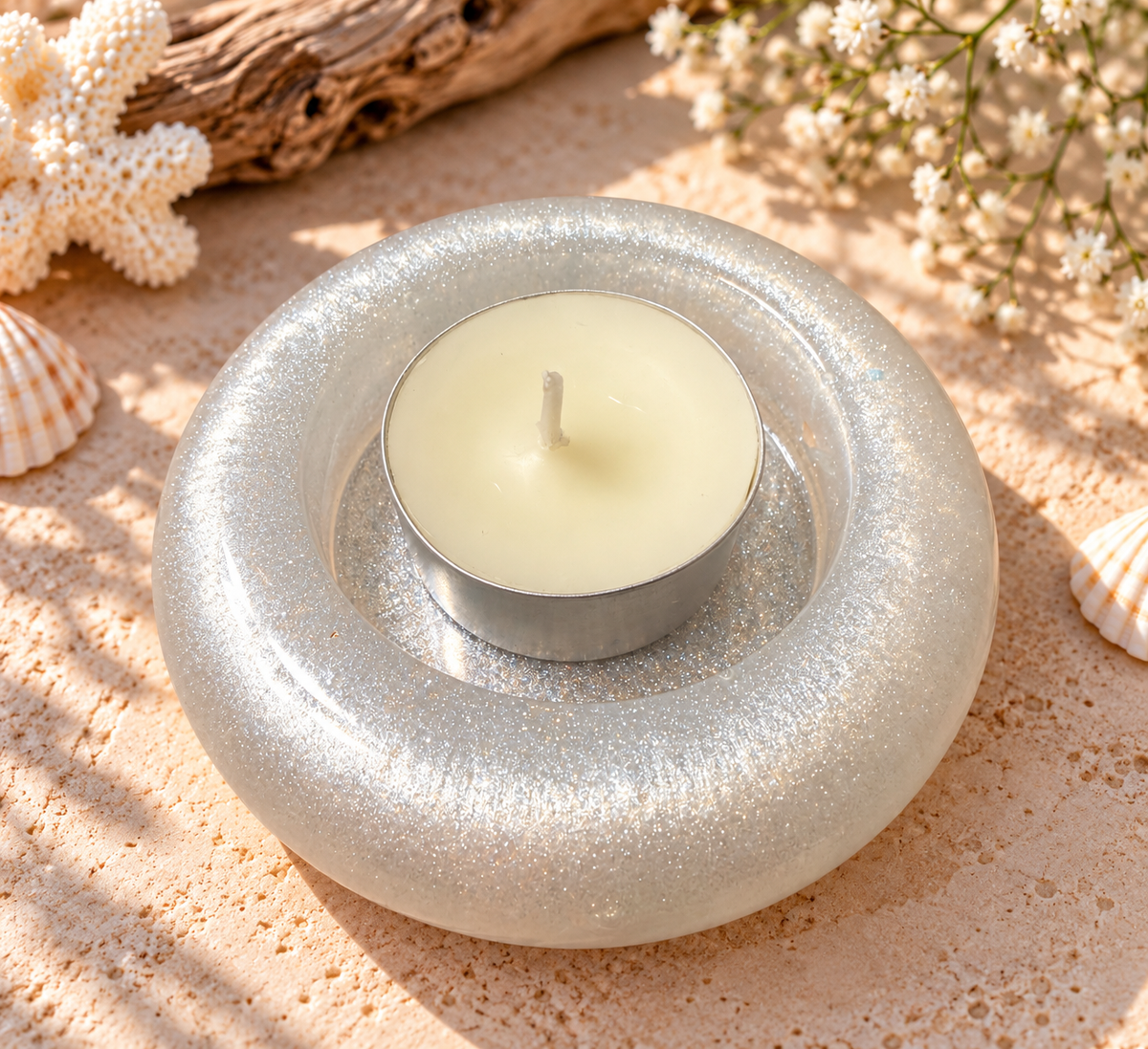Pearl white resin candle holder with included candle