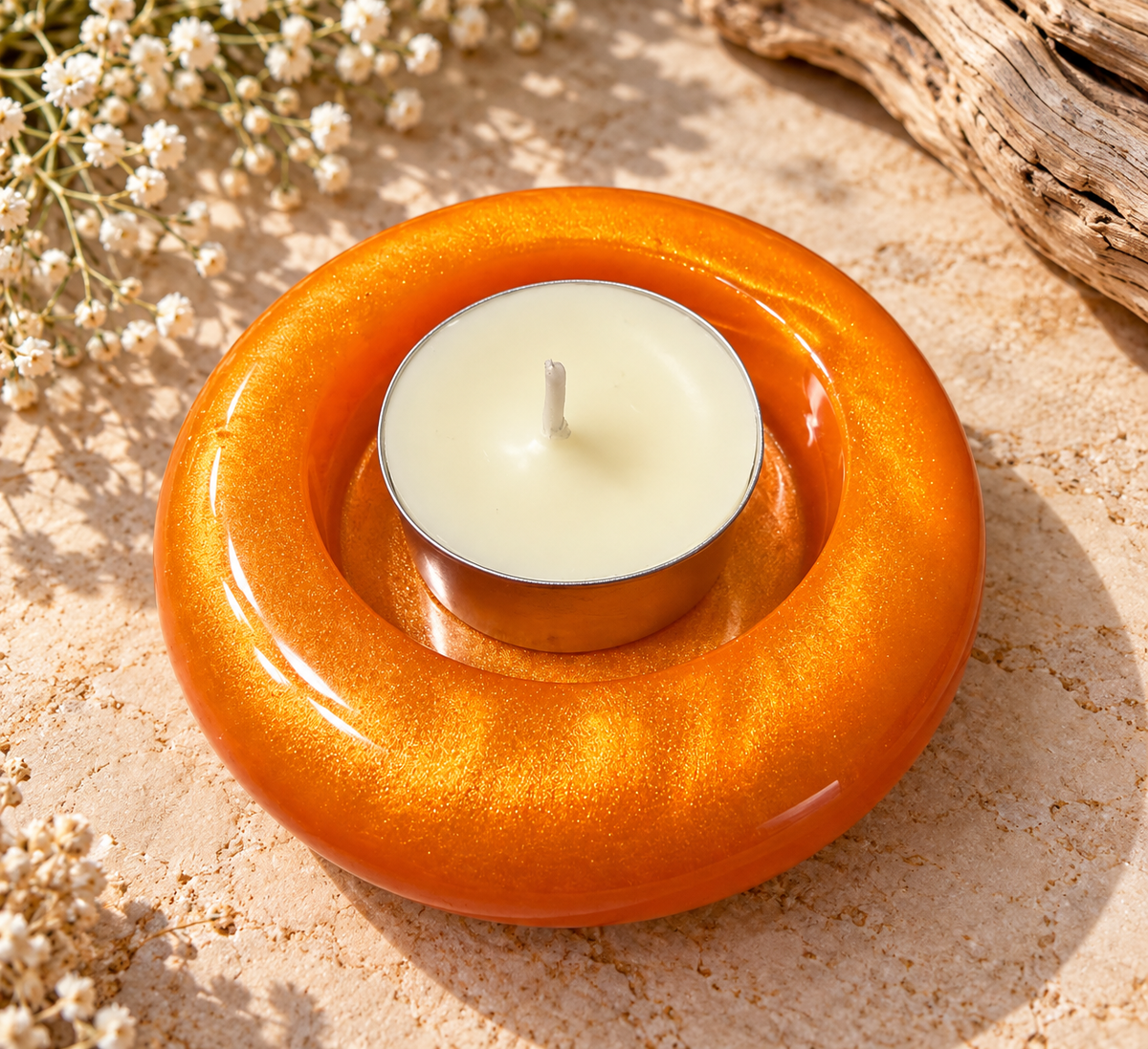 Orange resin candle holder with included candle