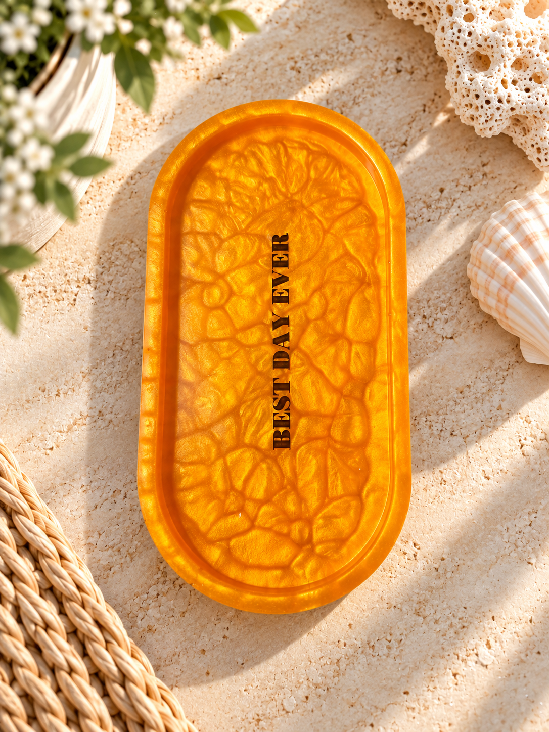 Orange oval jewelry tray with Best Day Ever lettering