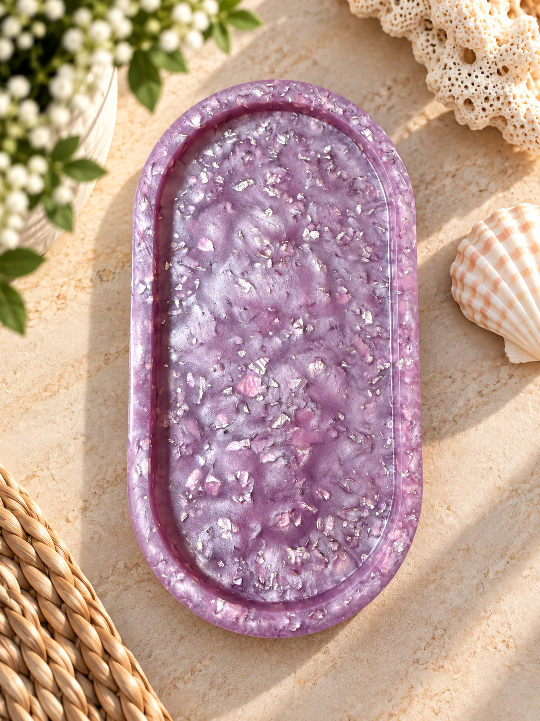 Lilac oval jewelry tray with iridescent accents