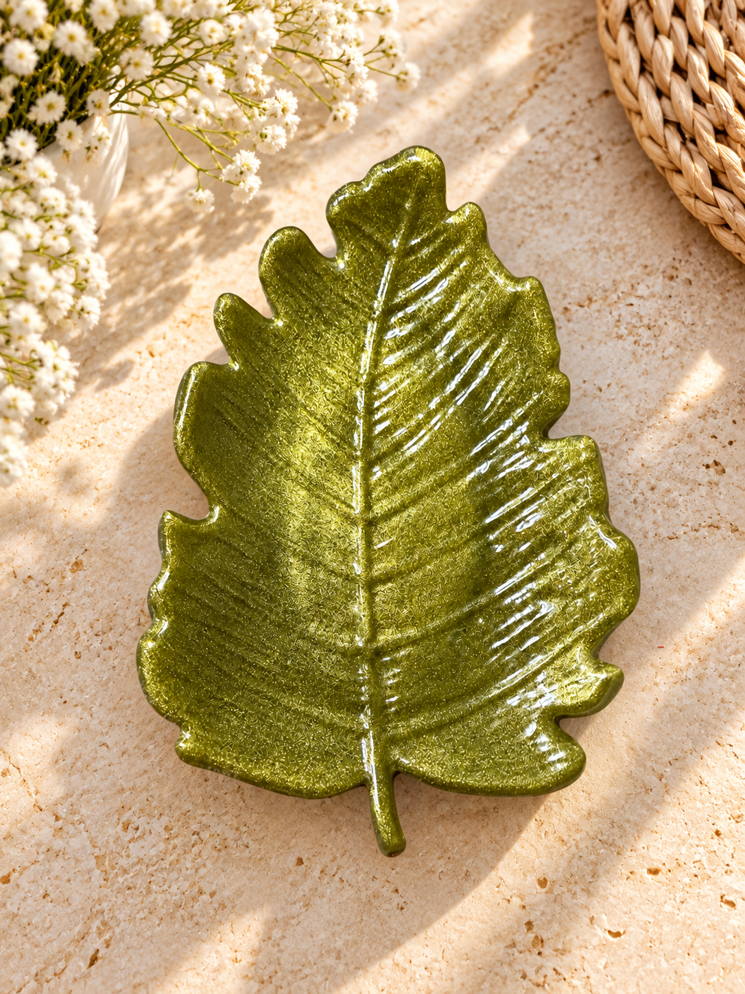 Olive green leaf-shaped jewelry dish