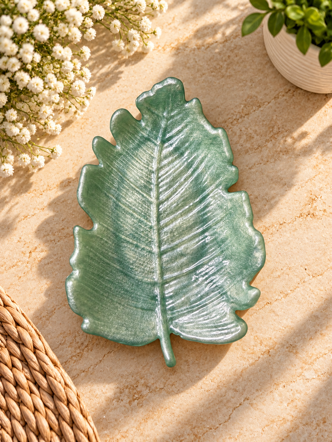 Seafoam green leaf-shaped jewelry dish
